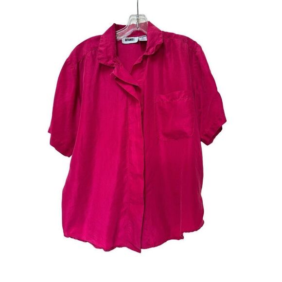 Gitano women’s M vintage 90s button up blouse 100% silk hot pink short sleeve - Picture 5 of 6